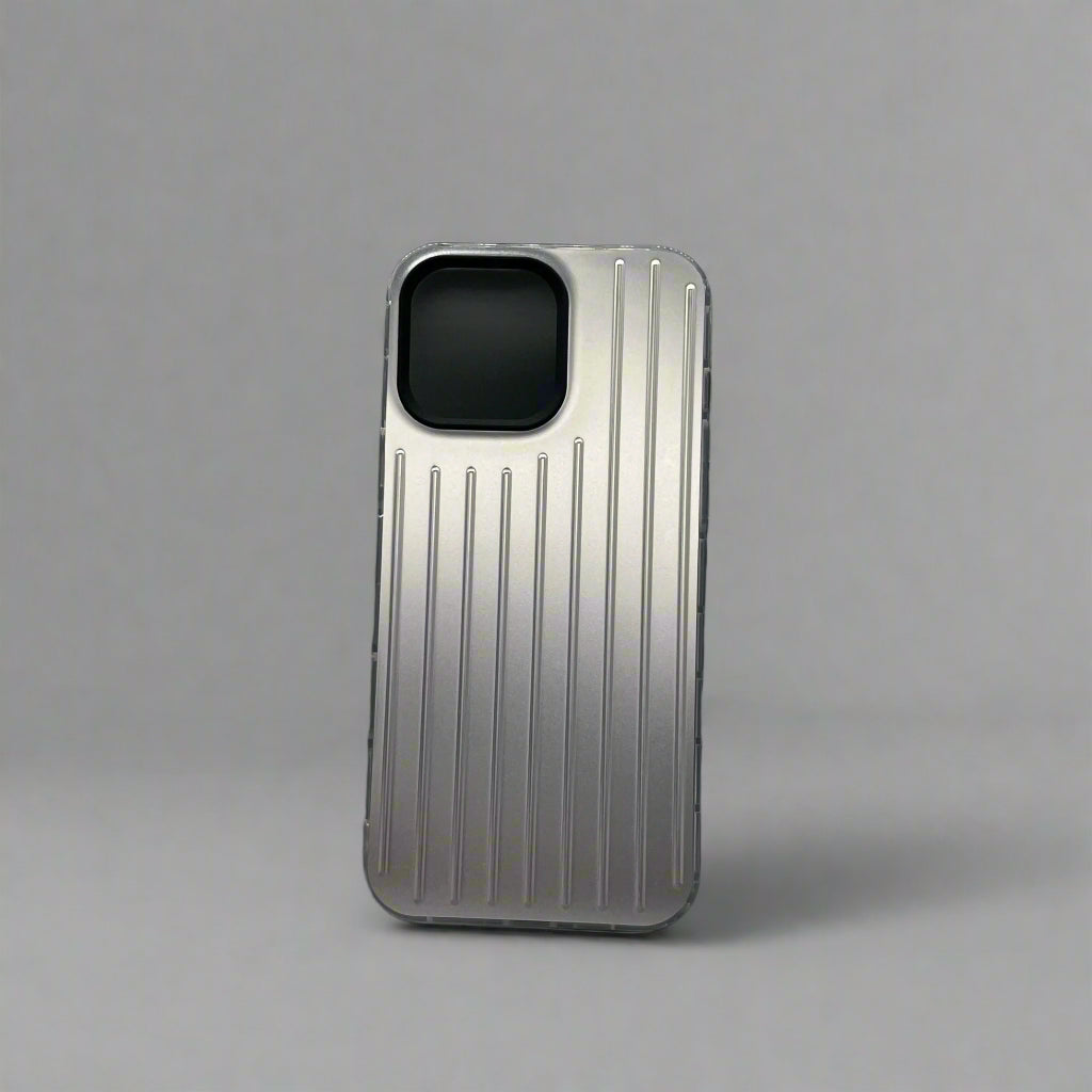 Silver phone case with textured design on a dark gray background